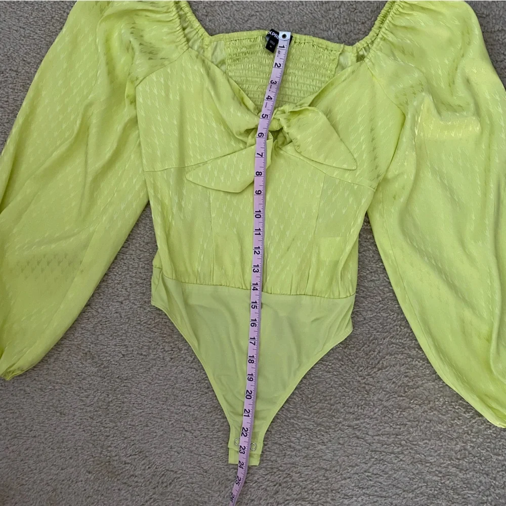 Express Medium Green Yellow Long Sleeve Blouse Bodysuit - Picture 6 of 8